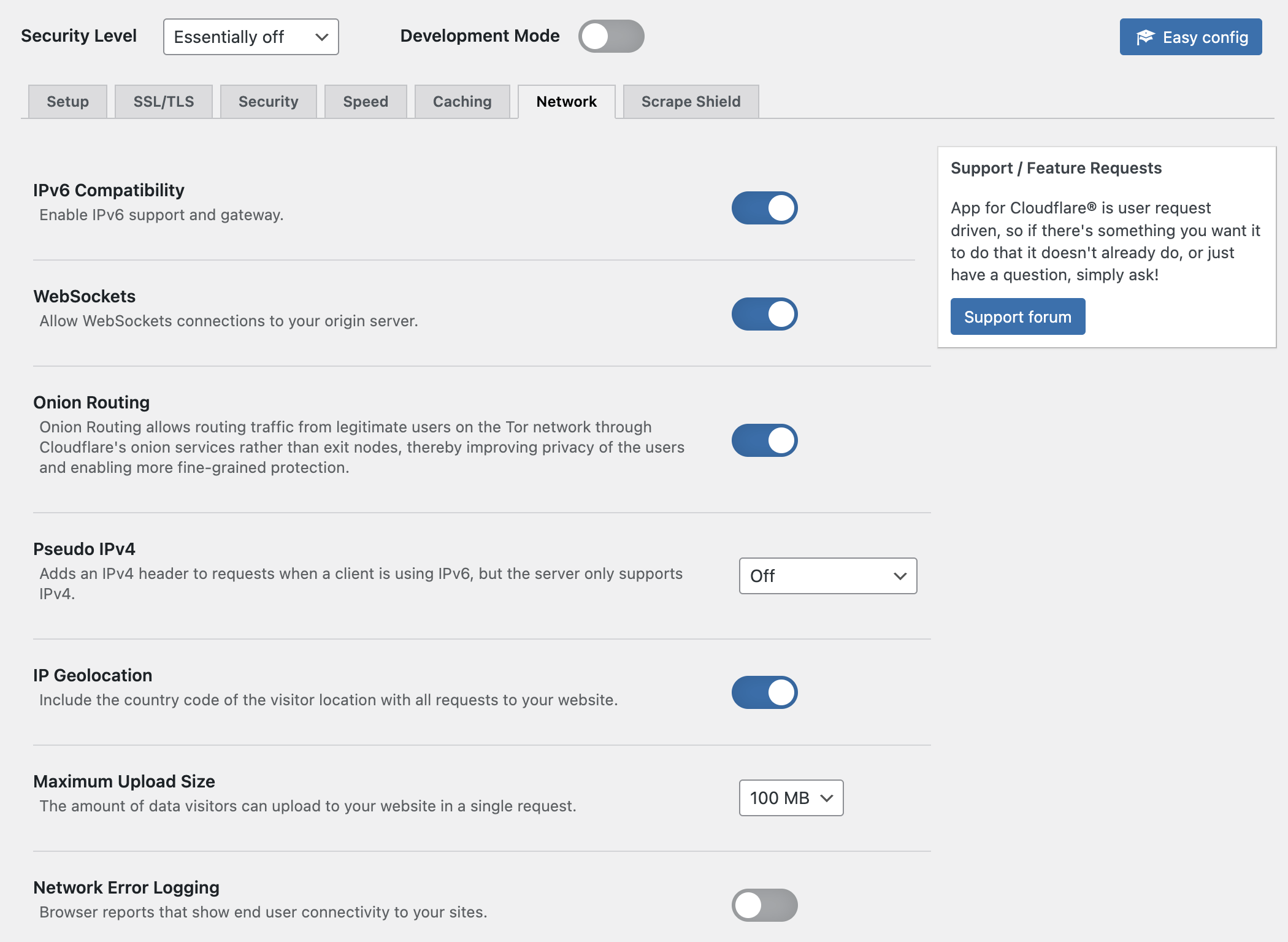 Control Cloudflare zone settings (Network options shown here).