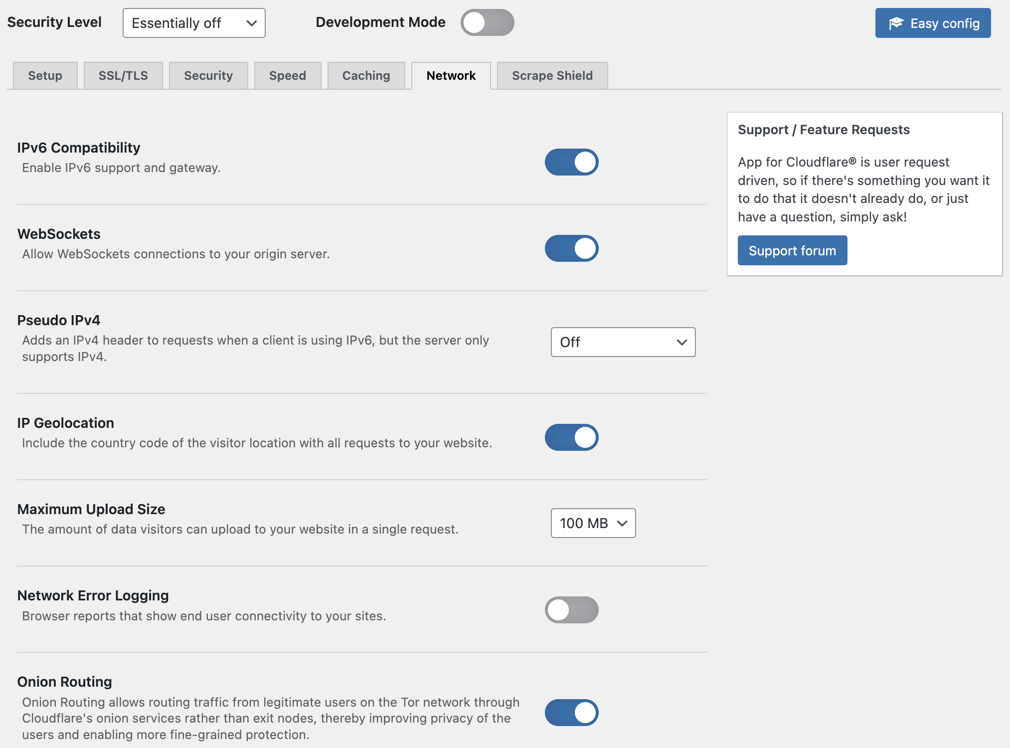 Control Cloudflare zone settings (Network options shown here).