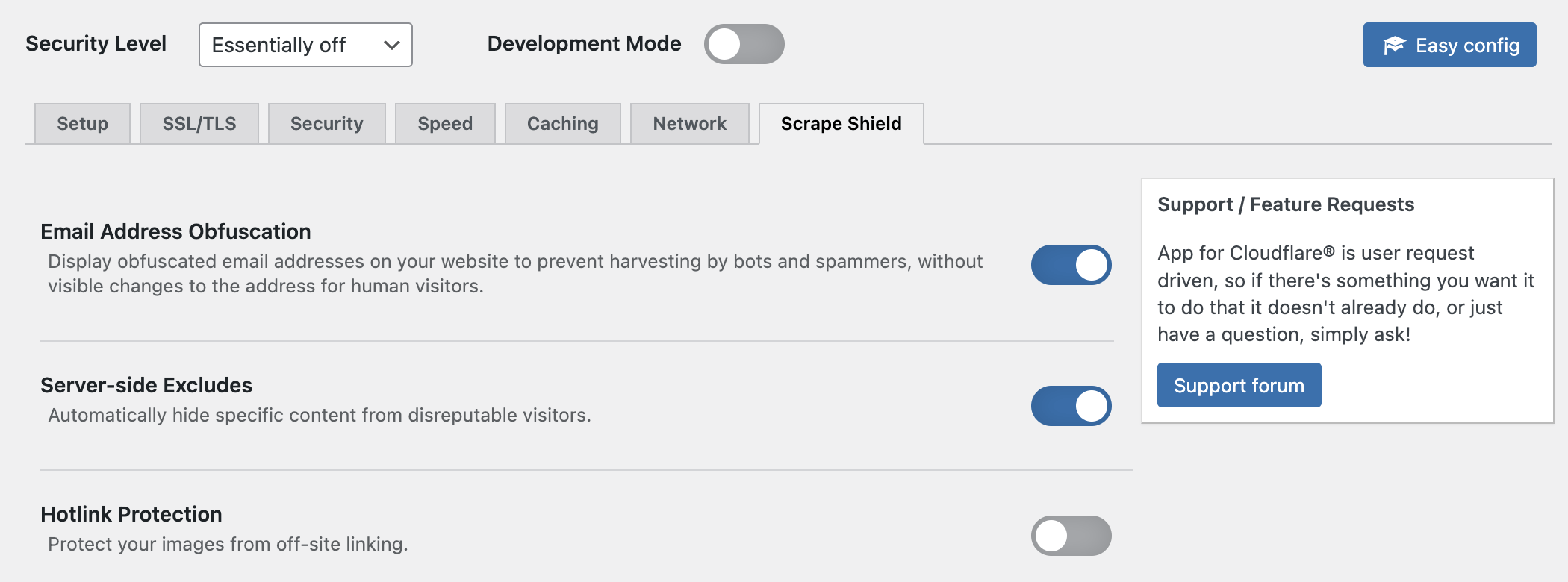 Control Cloudflare zone settings (Scrape Shield options shown here).