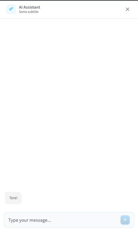 Chat widget open on the front end — header with logo, title, subtitle, and message input.