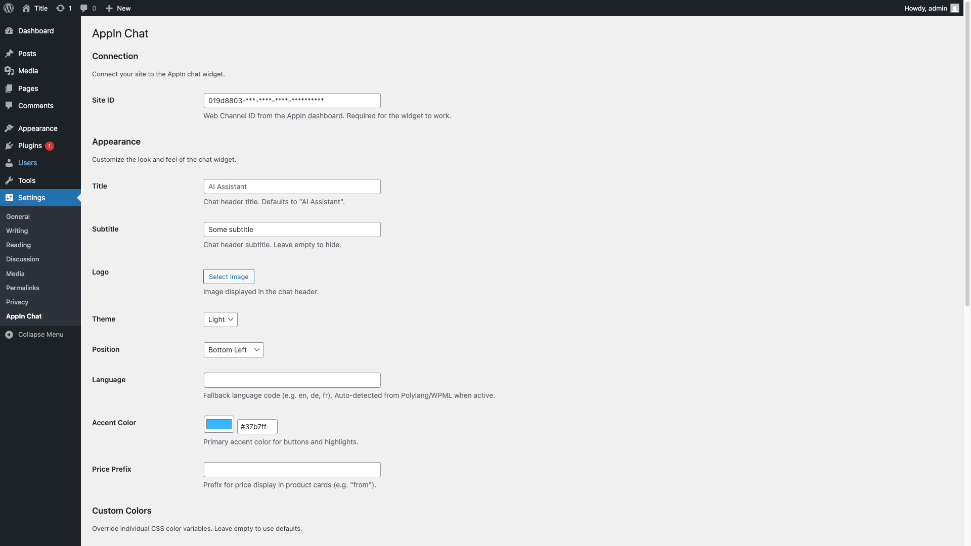 WordPress admin settings page — Site ID, appearance options (title, subtitle, logo, theme, position, language, accent color, price prefix).