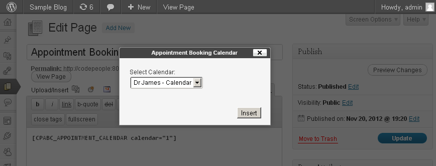 Inserting an appointment calendar into a page.