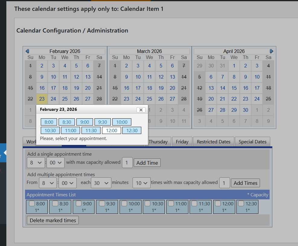 Defining time-slots on the appointment calendar