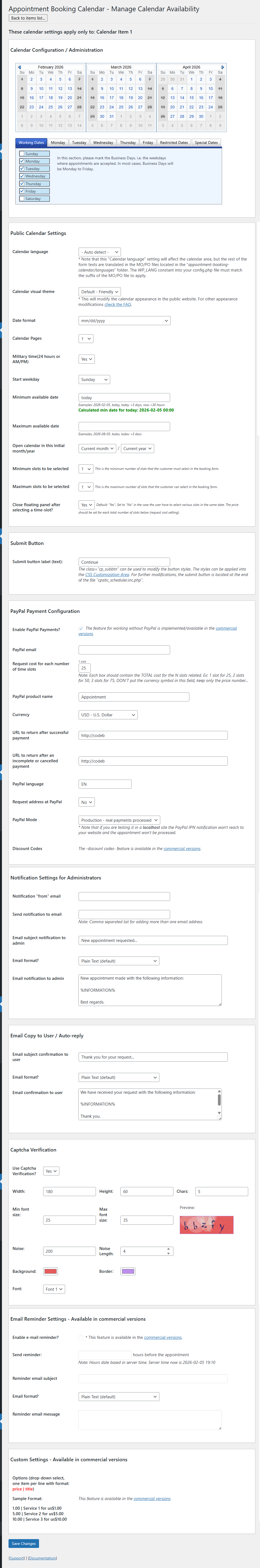 Appointment Booking Calendar settings.