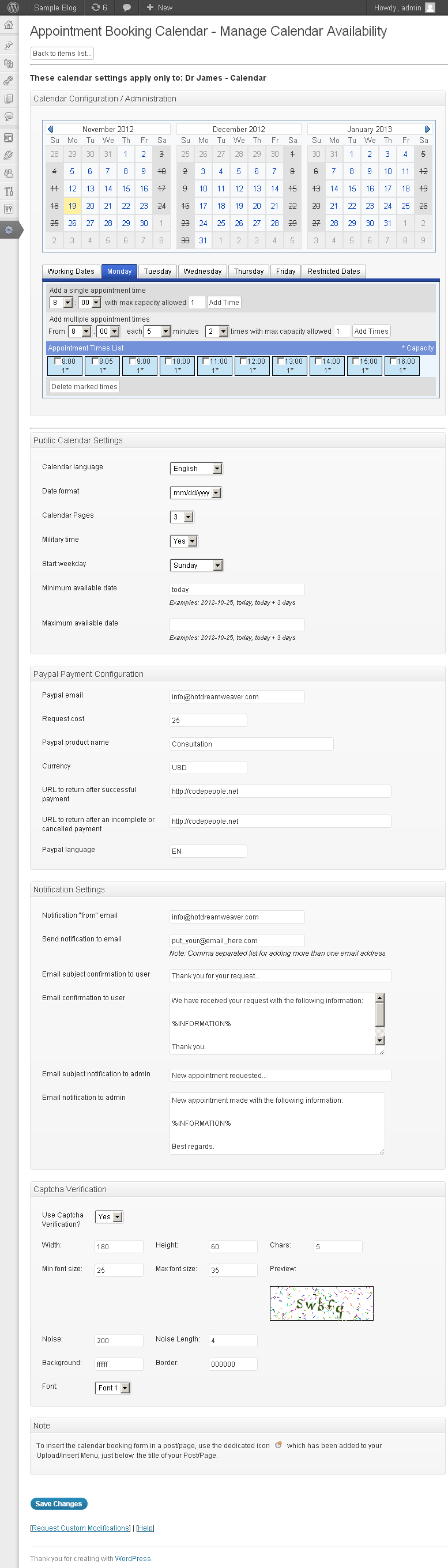 Appointment Booking Calendar settings.