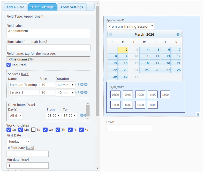Managing the appointment hour booking calendar.
