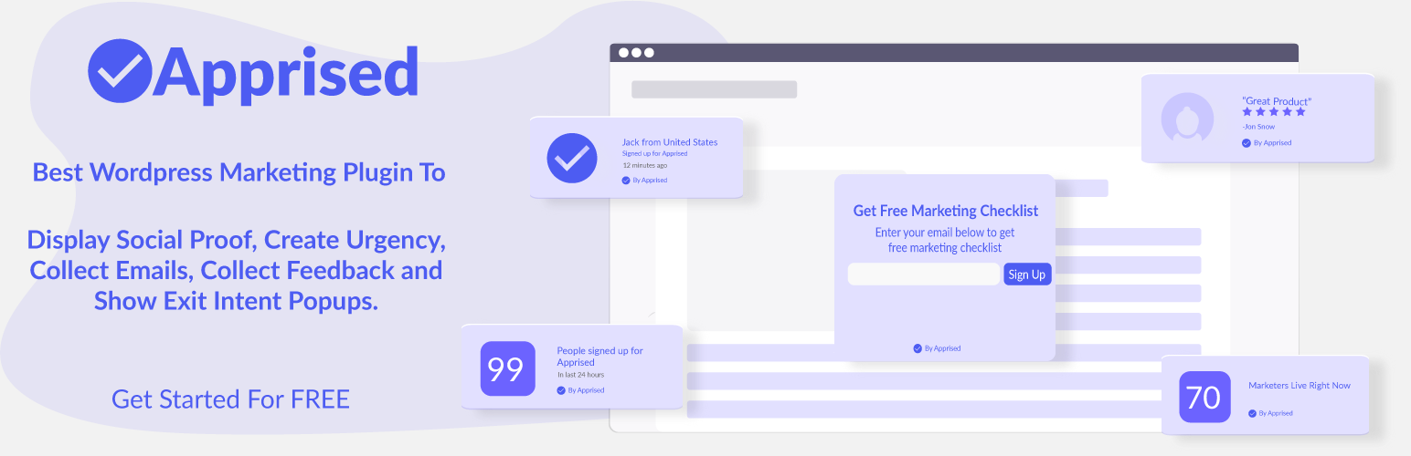 Social Proof, WordPress Lead Generation Opt in,Exit-intent Email Popup , Emoji Feedback – Apprised