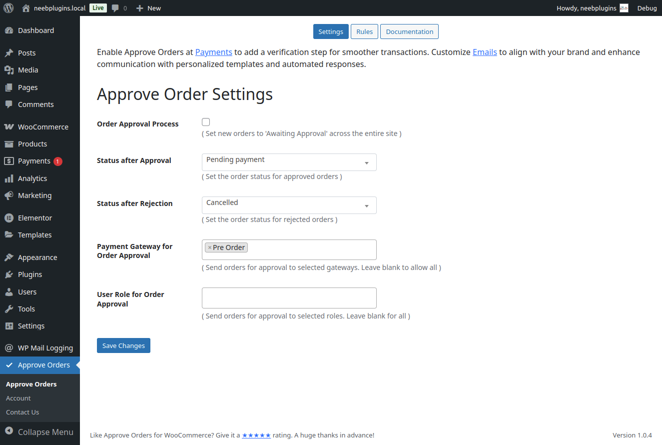 Screenshot of the Order Approval settings page.