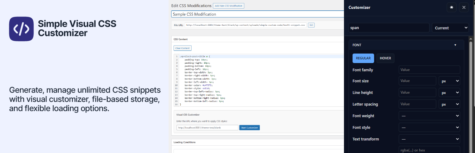 WordPress 外掛 Simple Visual CSS Customizer – Custom CSS Snippets & Live Editor 的封面圖片。