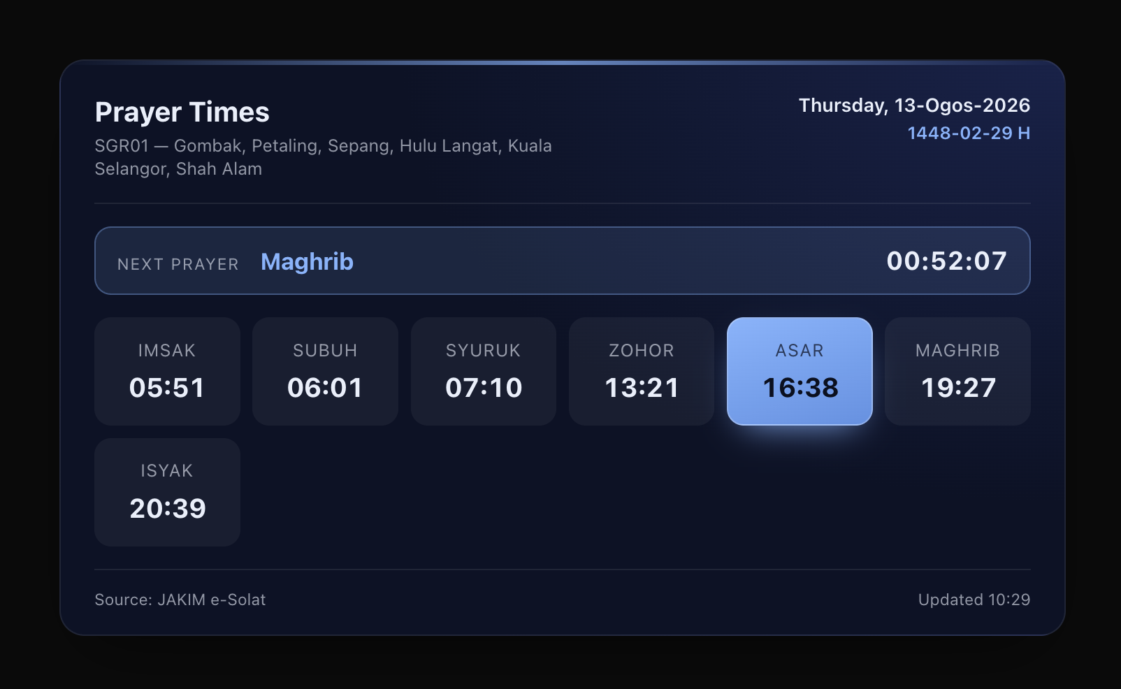 Midnight theme — full card with the live countdown to the next prayer and the current prayer highlighted.