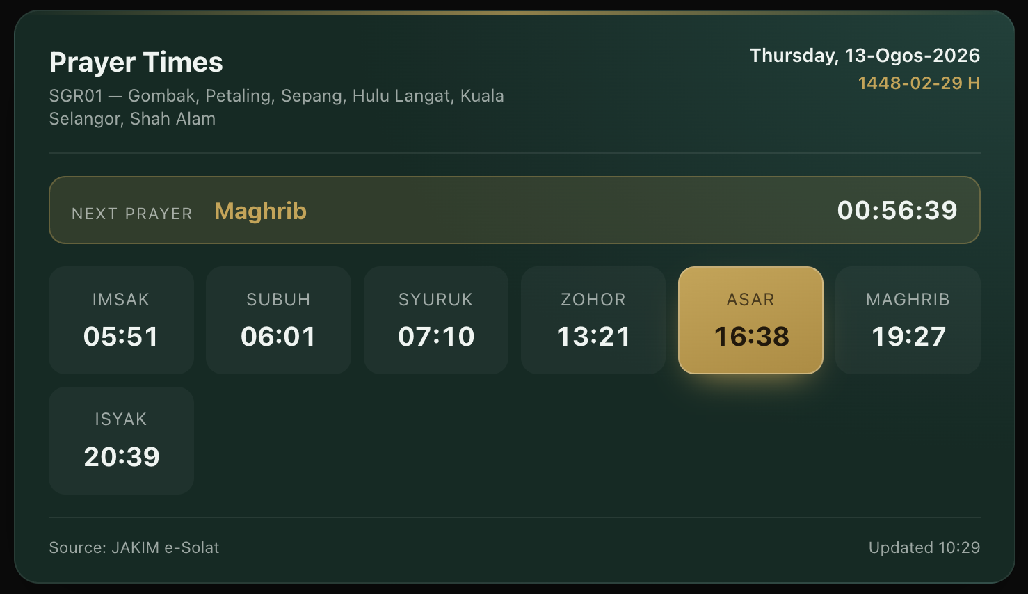Emerald theme — the same card in the default dark green and gold palette.