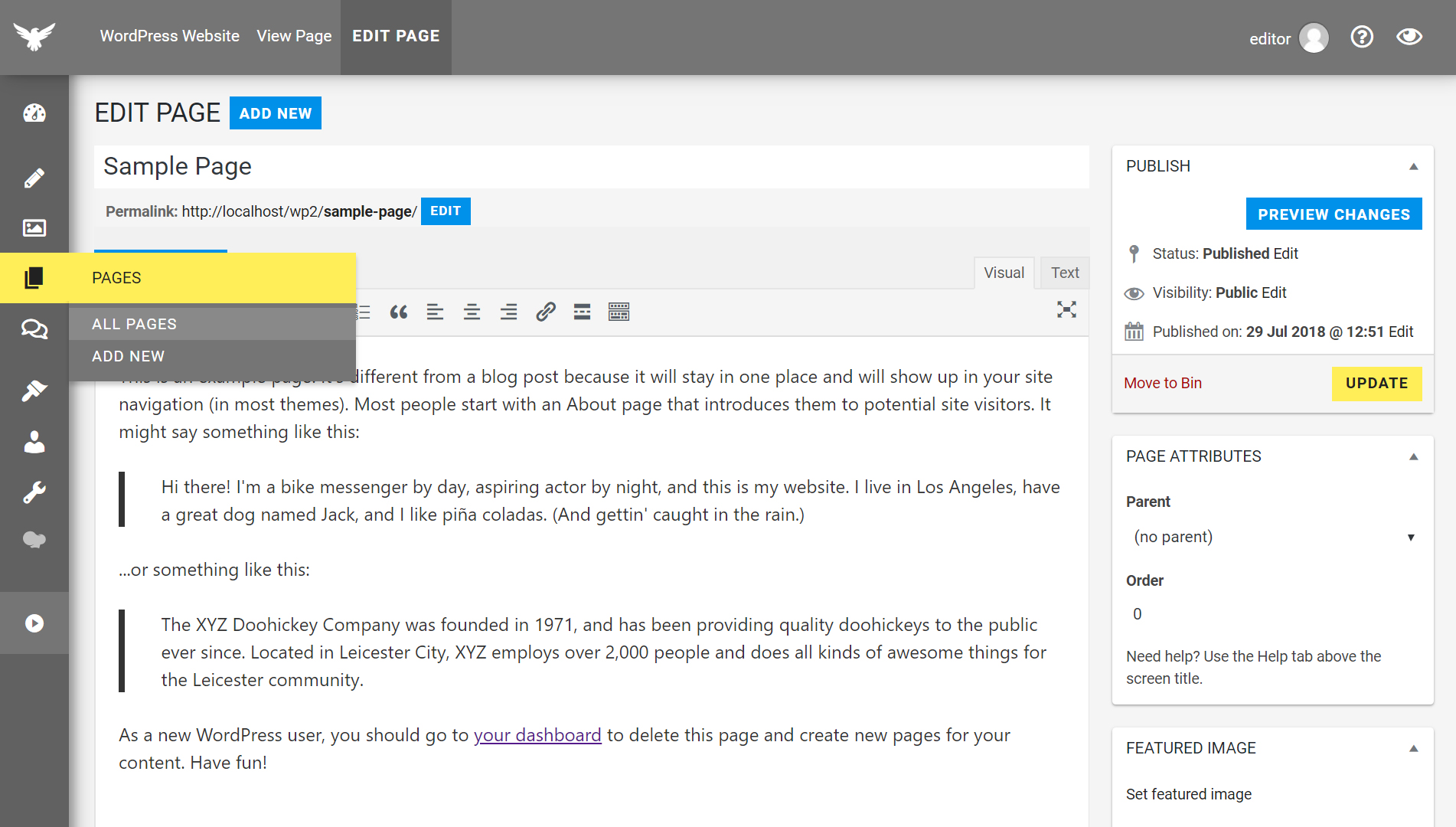 Edit page with default Aquila options.