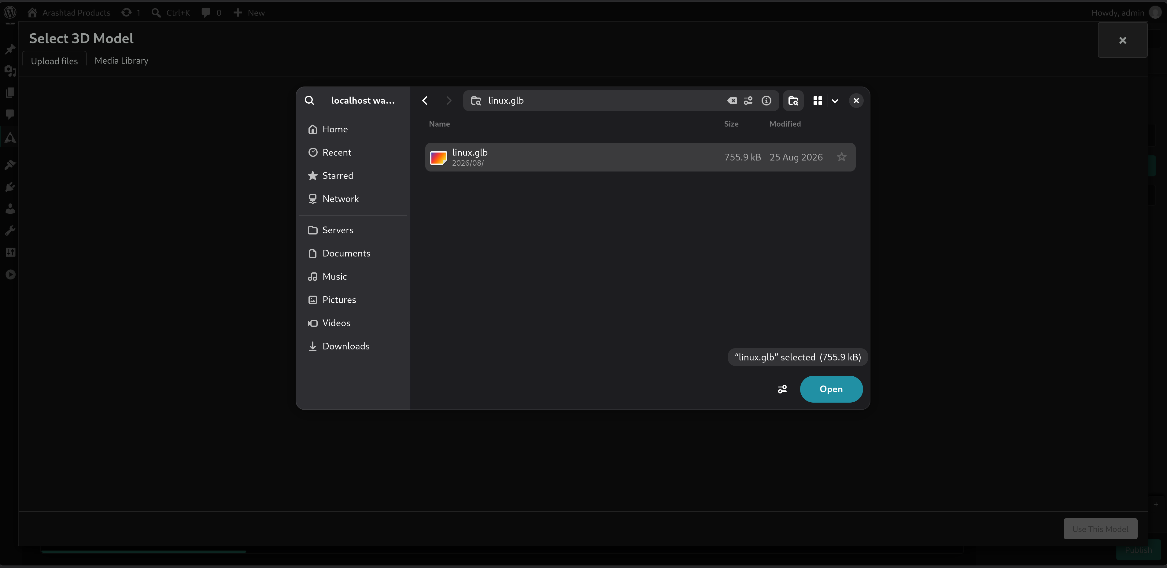 Uploading a 3D model to the Media Library