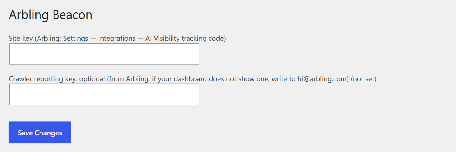 The settings page before any key is saved: the site key, and the optional crawler reporting key.