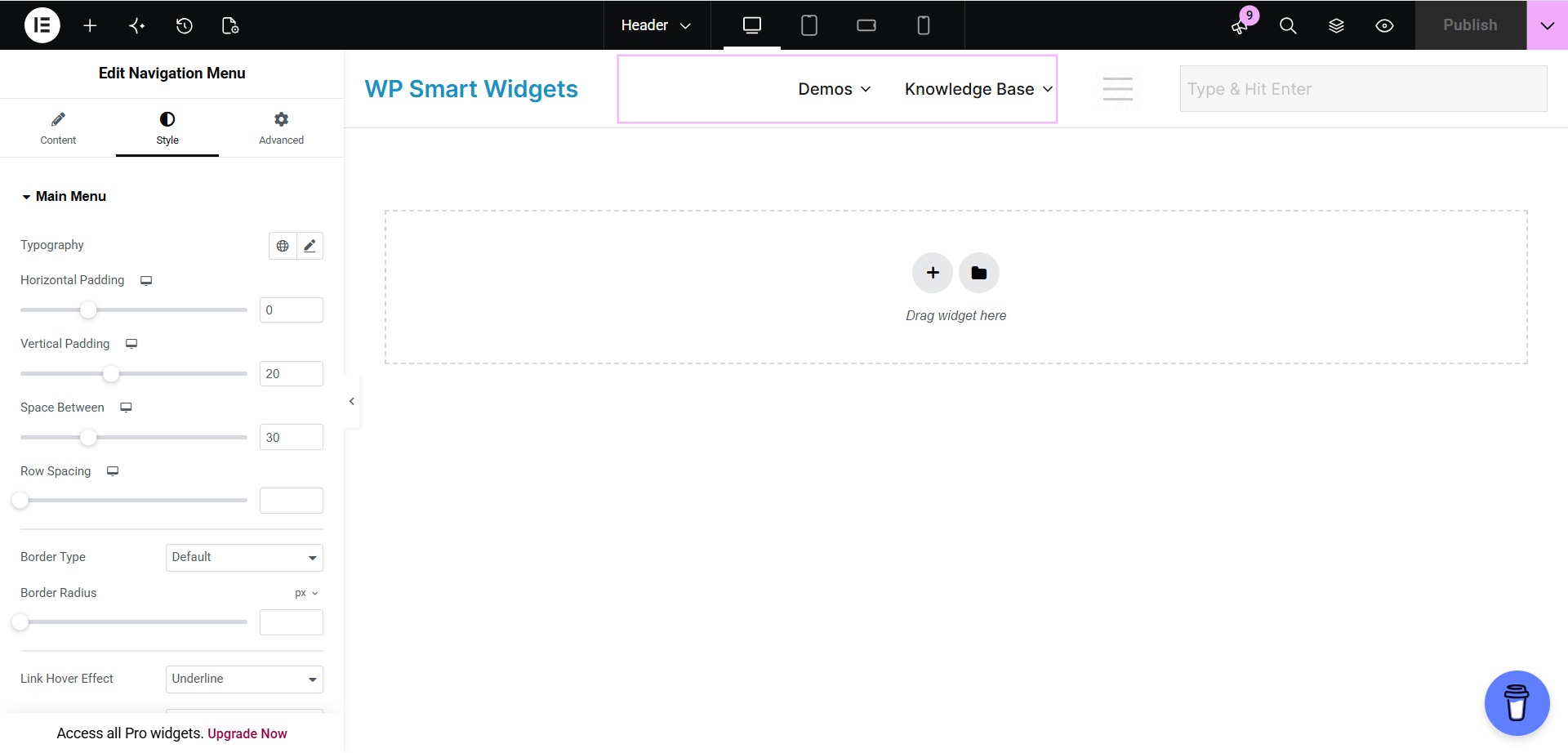 Building a header with the Navigation Menu widget.