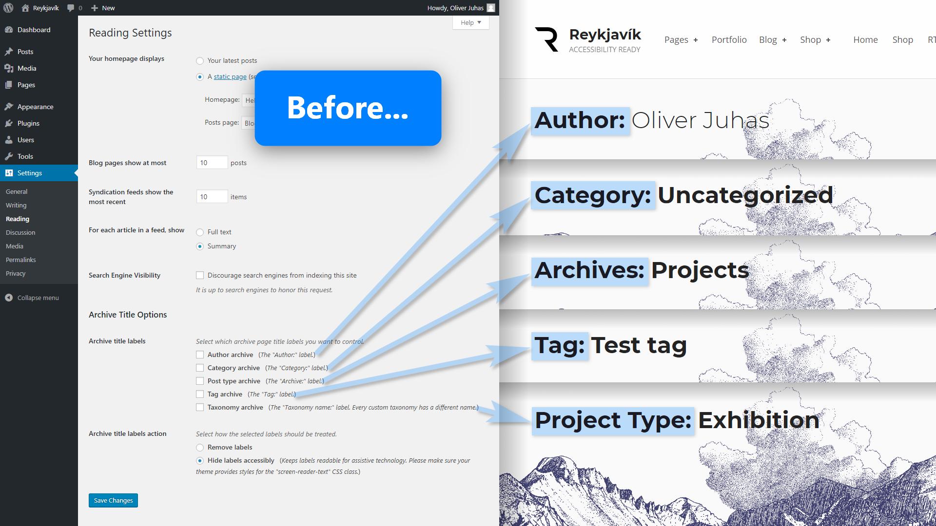 Default WordPress archive page titles, before plugin options are applied.