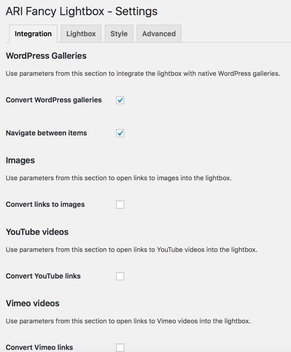 ARI Fancy Lightbox - Settings - Integration tab