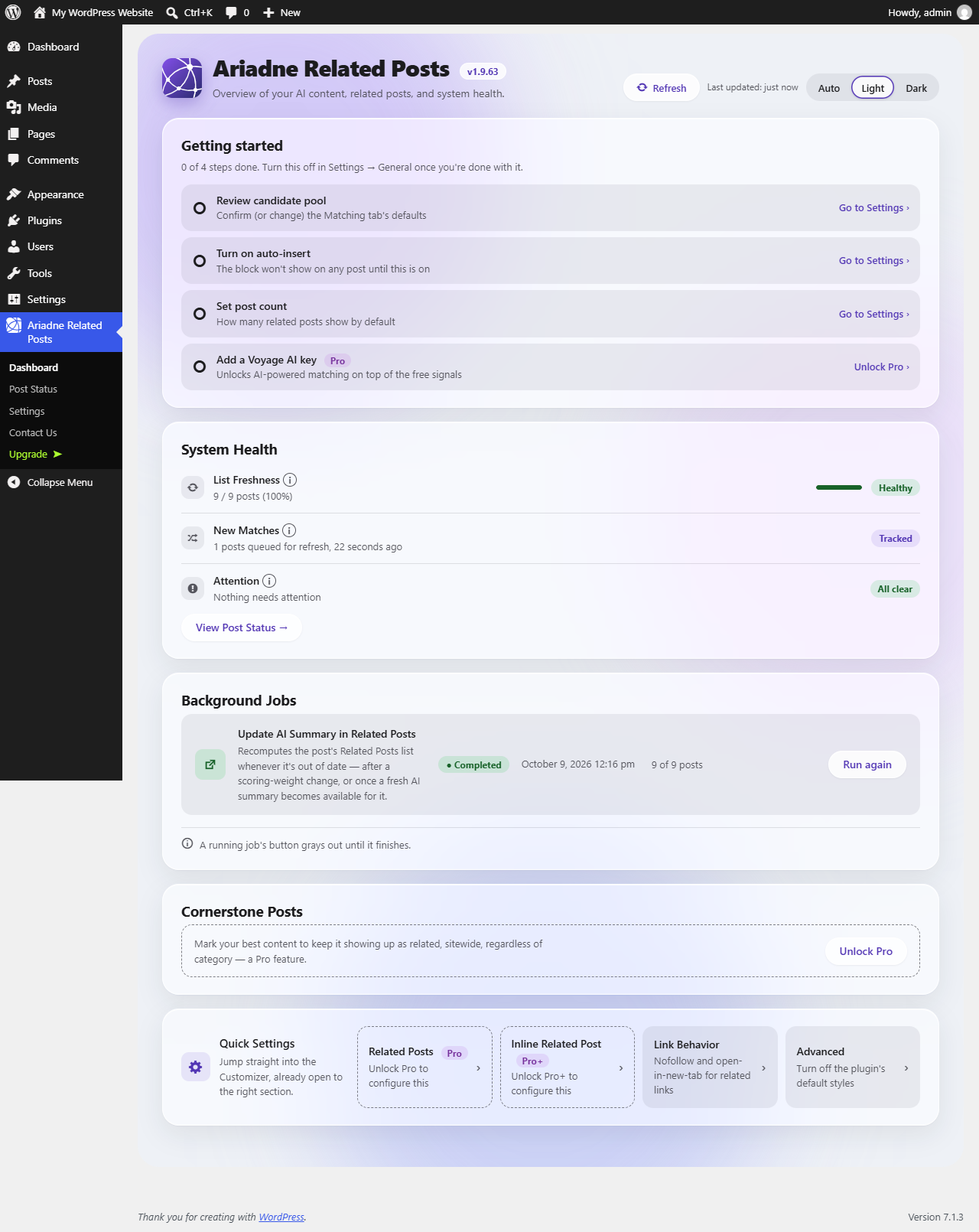 Dashboard: getting-started steps, system health and background job progress at a glance.