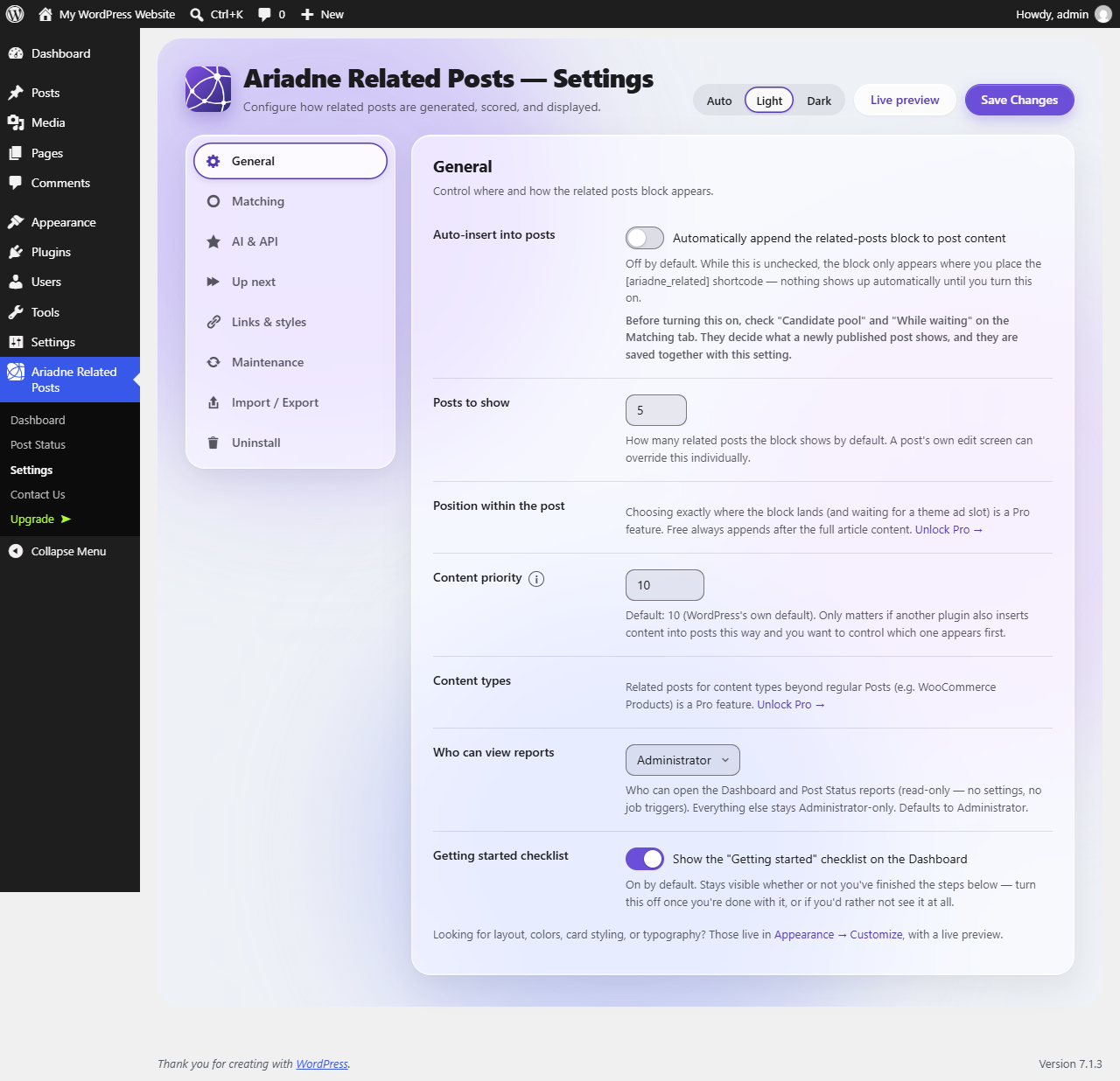 Settings, General tab: auto-insert, how many posts to show, and reporting access.