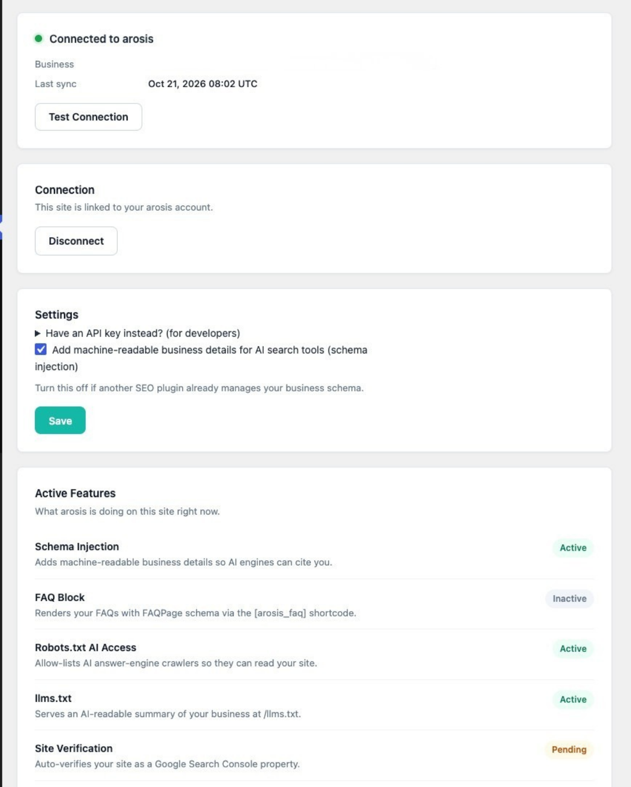 The settings page, connected.