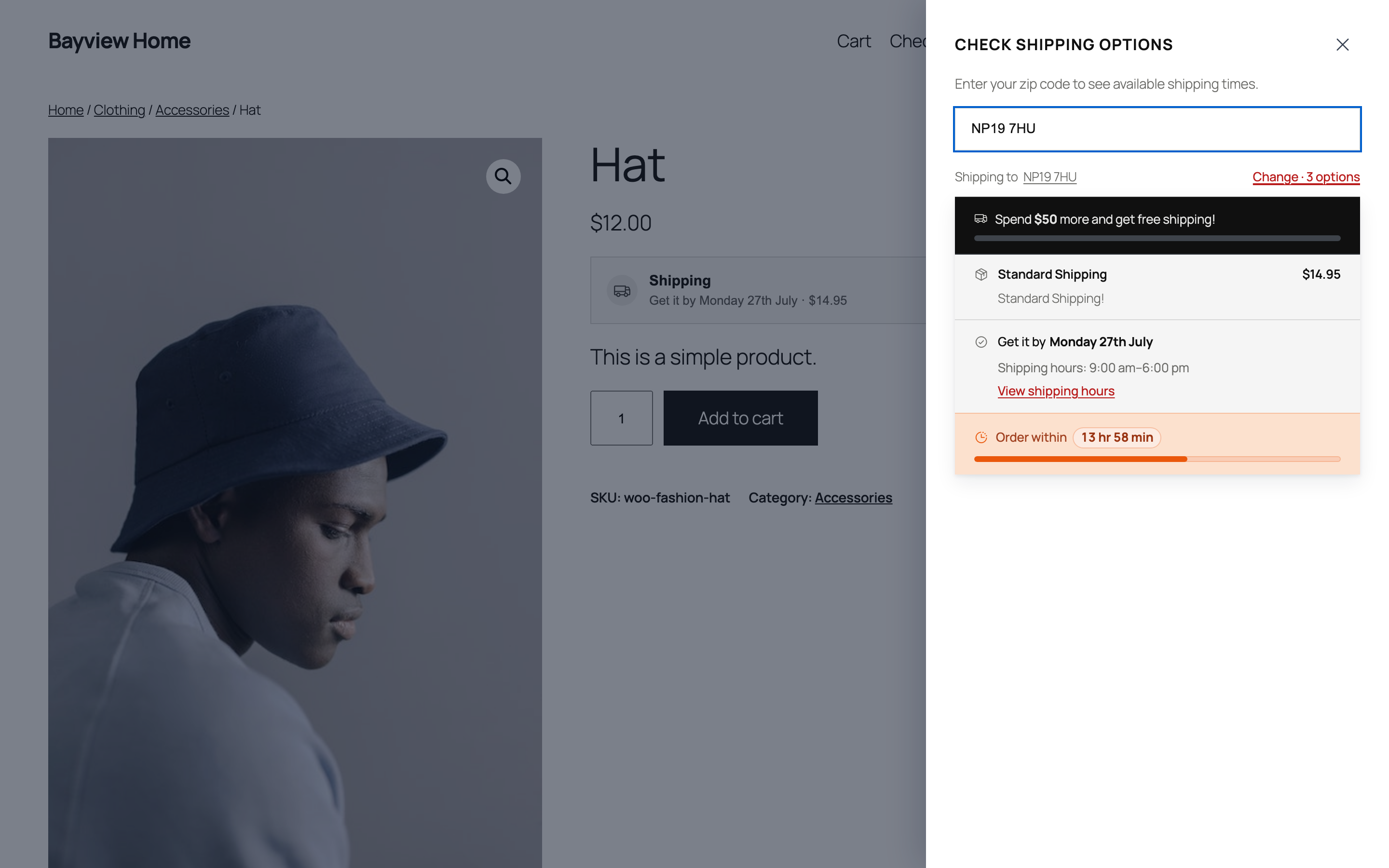 The delivery board on a product page — date, cutoff countdown and methods for the shopper's postcode.