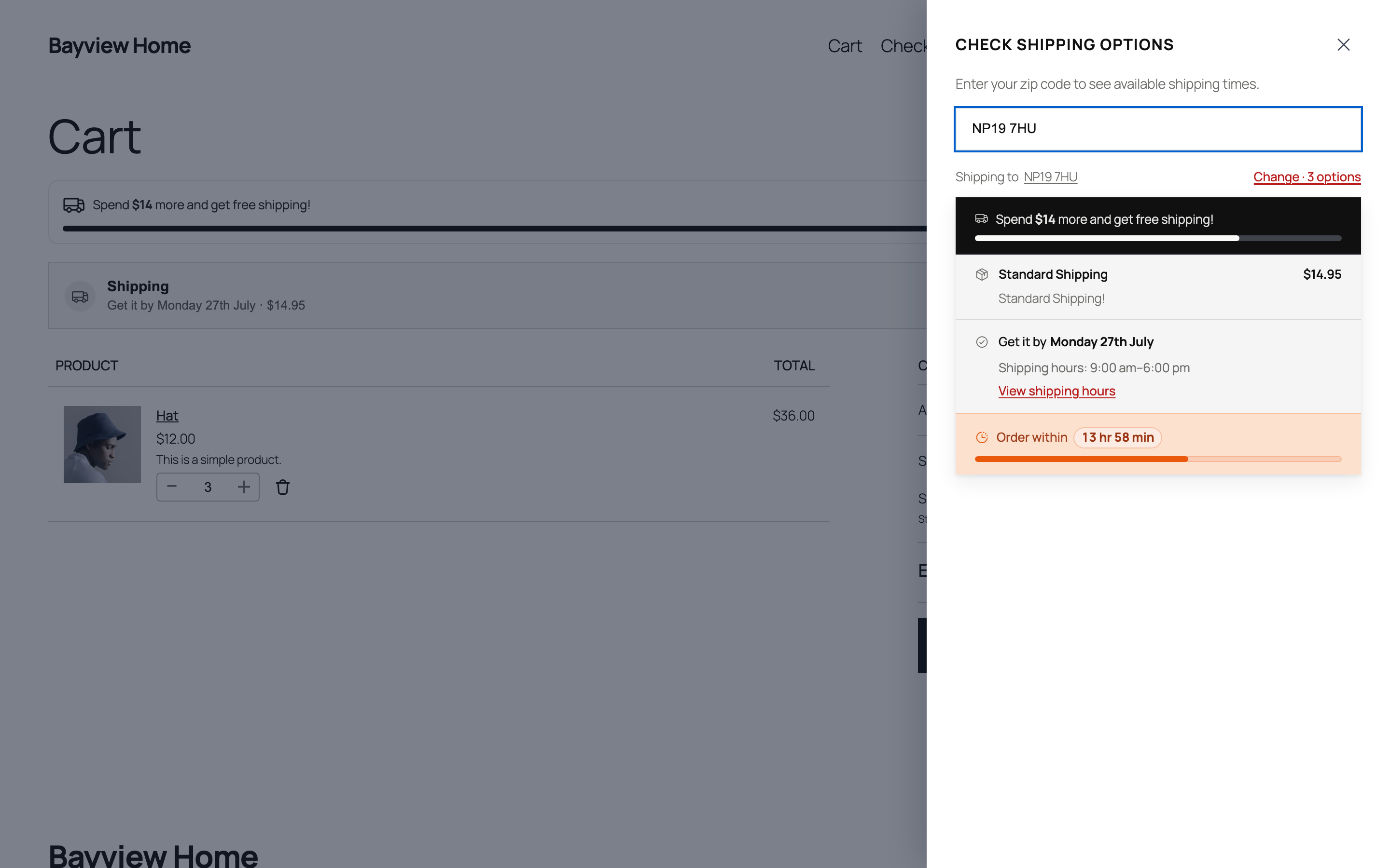 Free-shipping progress in the cart — "Add .20 more to unlock free delivery."