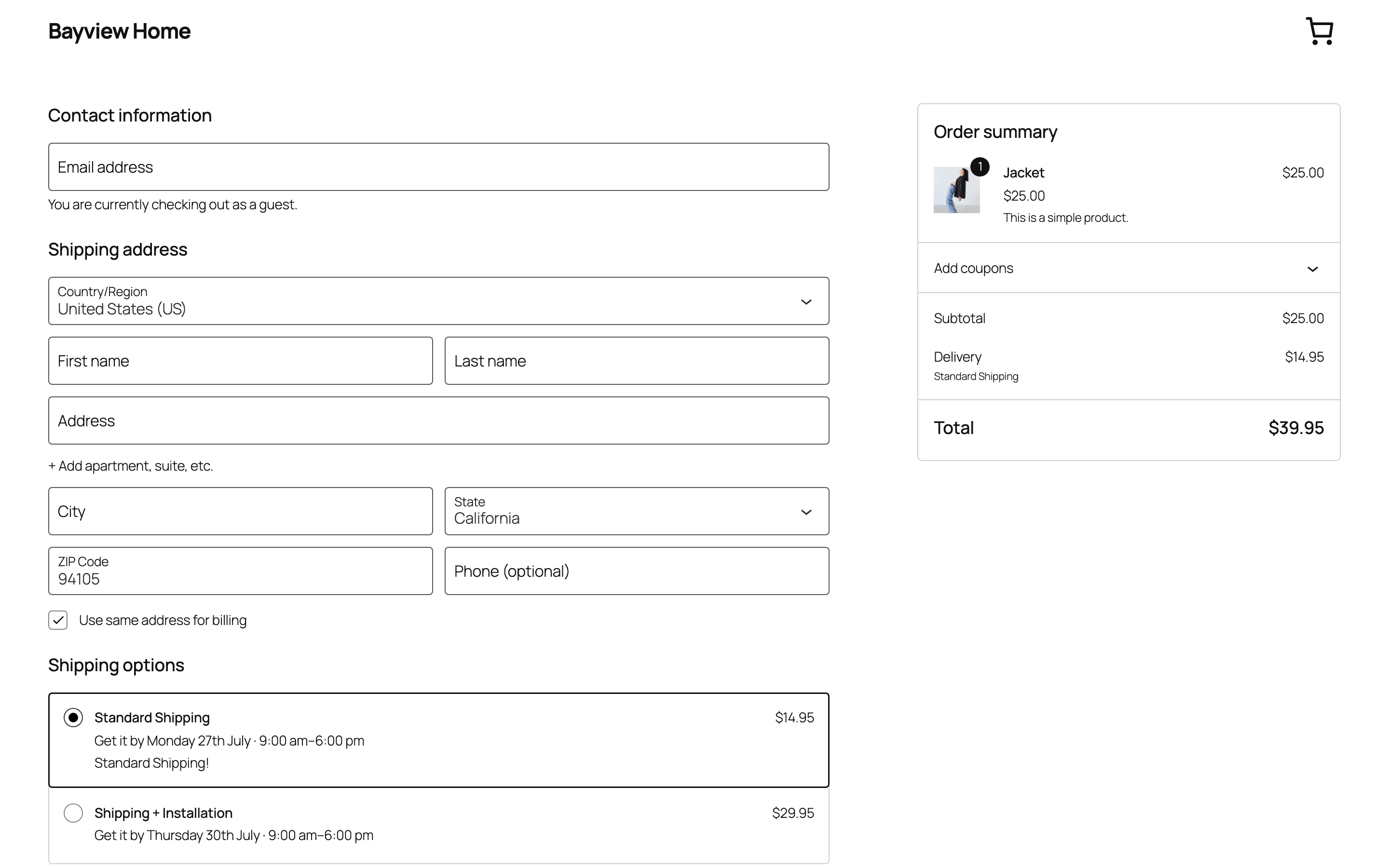Checkout with the arrival date confirmed next to the chosen method.