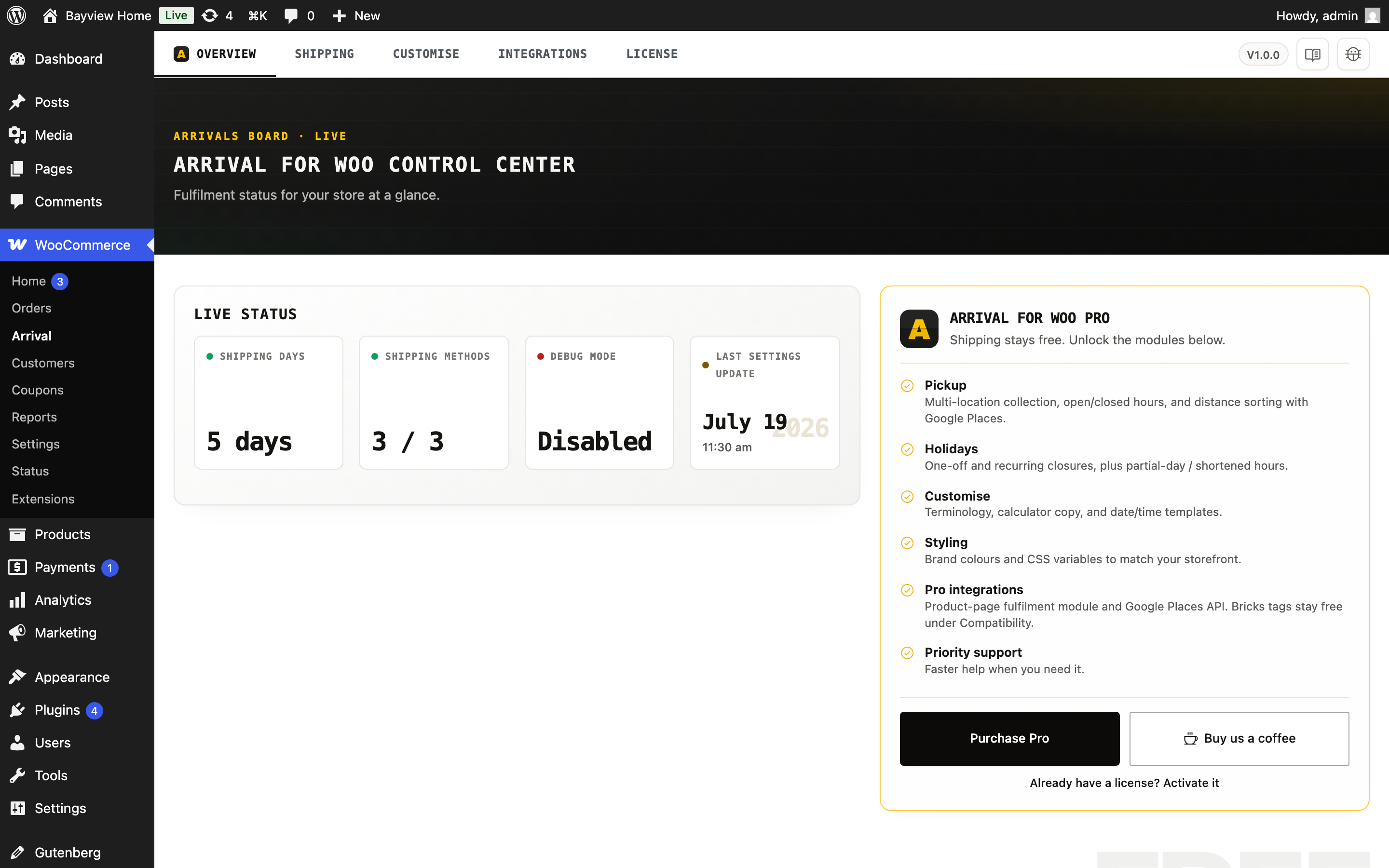 The Arrival settings screen under WooCommerce → Arrival.