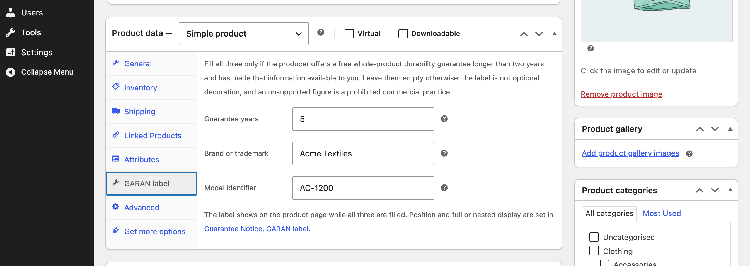 The GARAN label tab in the WooCommerce product editor.
