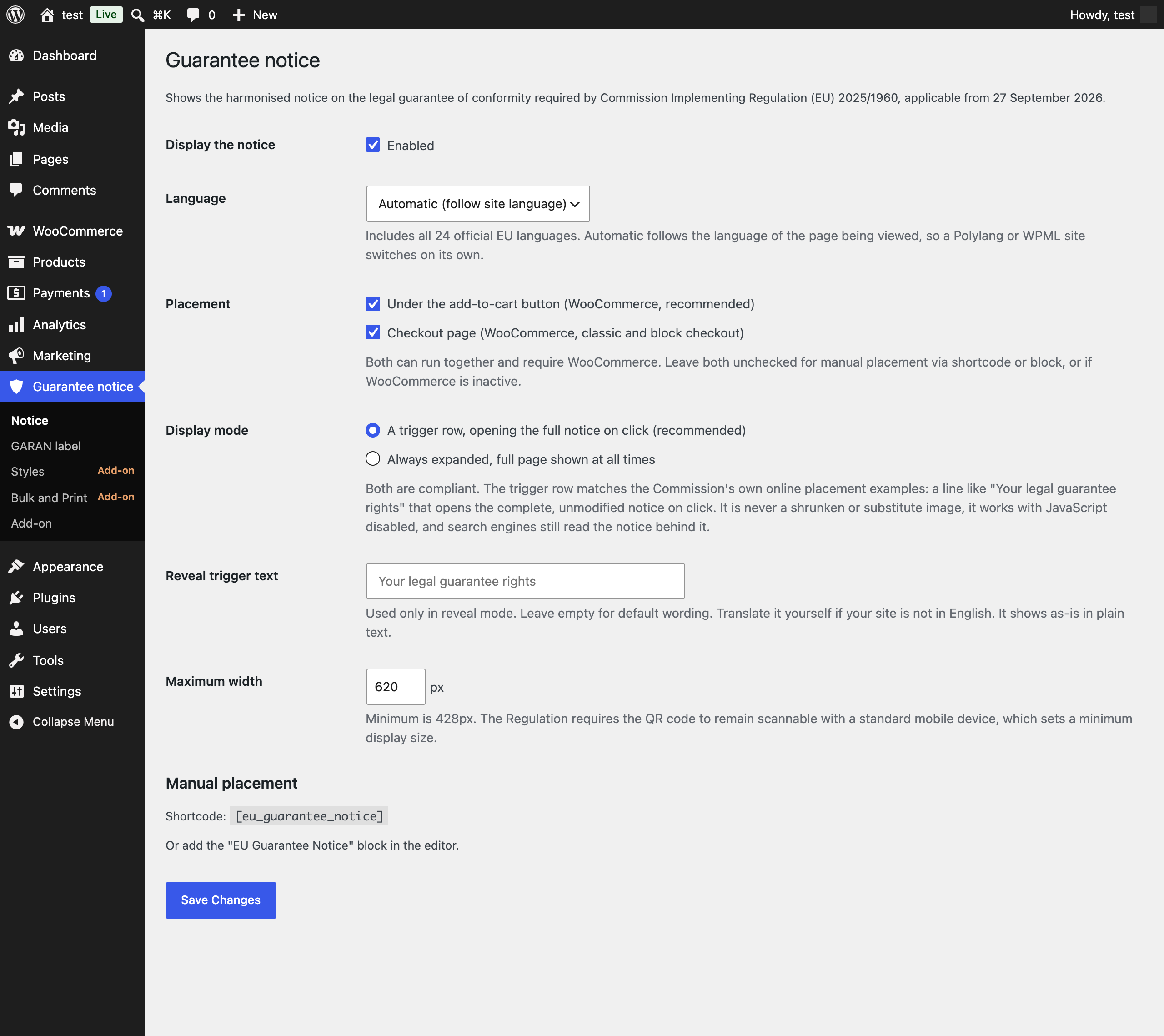 Notice settings: language, placement, display mode, width.