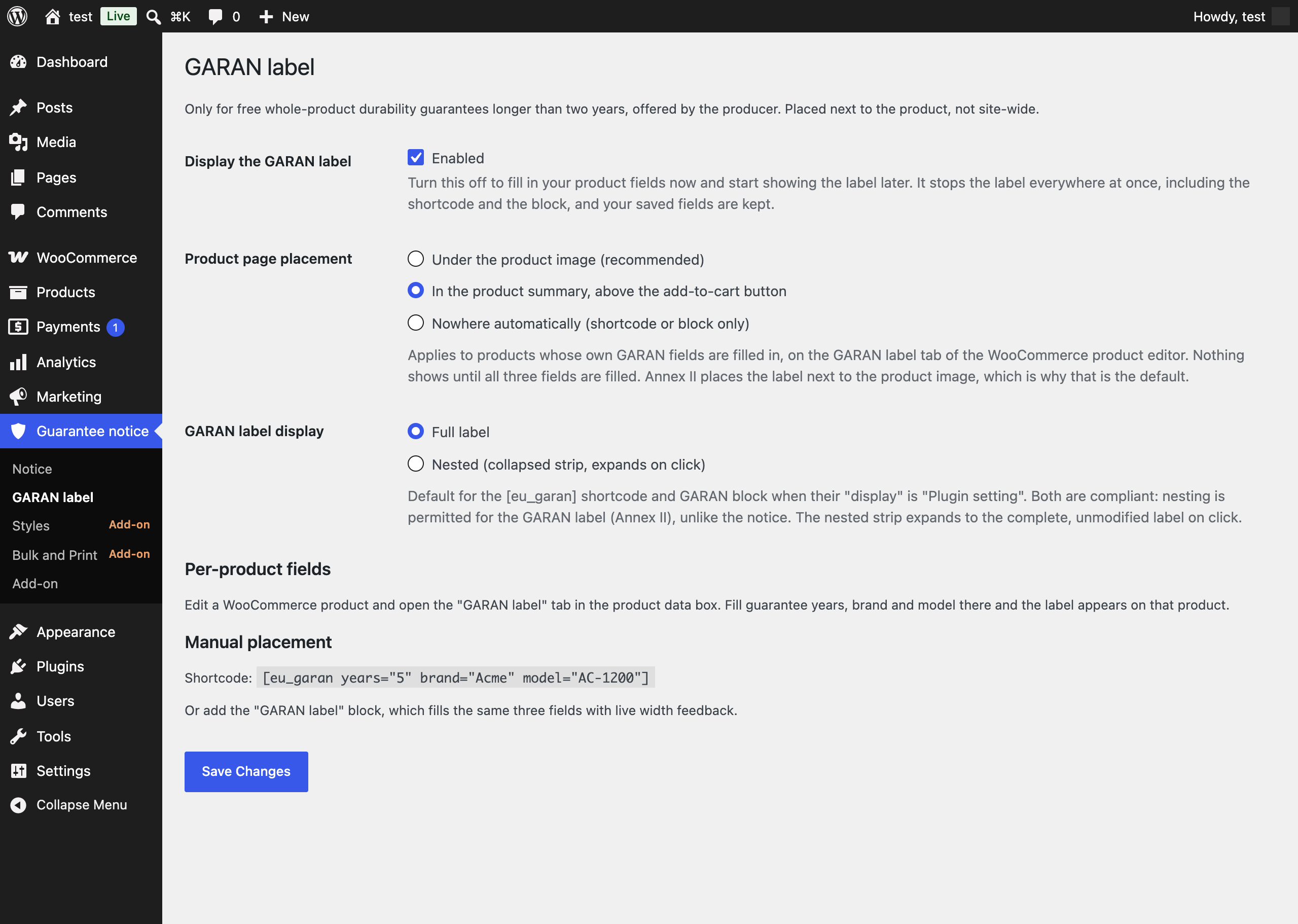 GARAN label settings: site-wide on and off switch, placement, full or nested display.