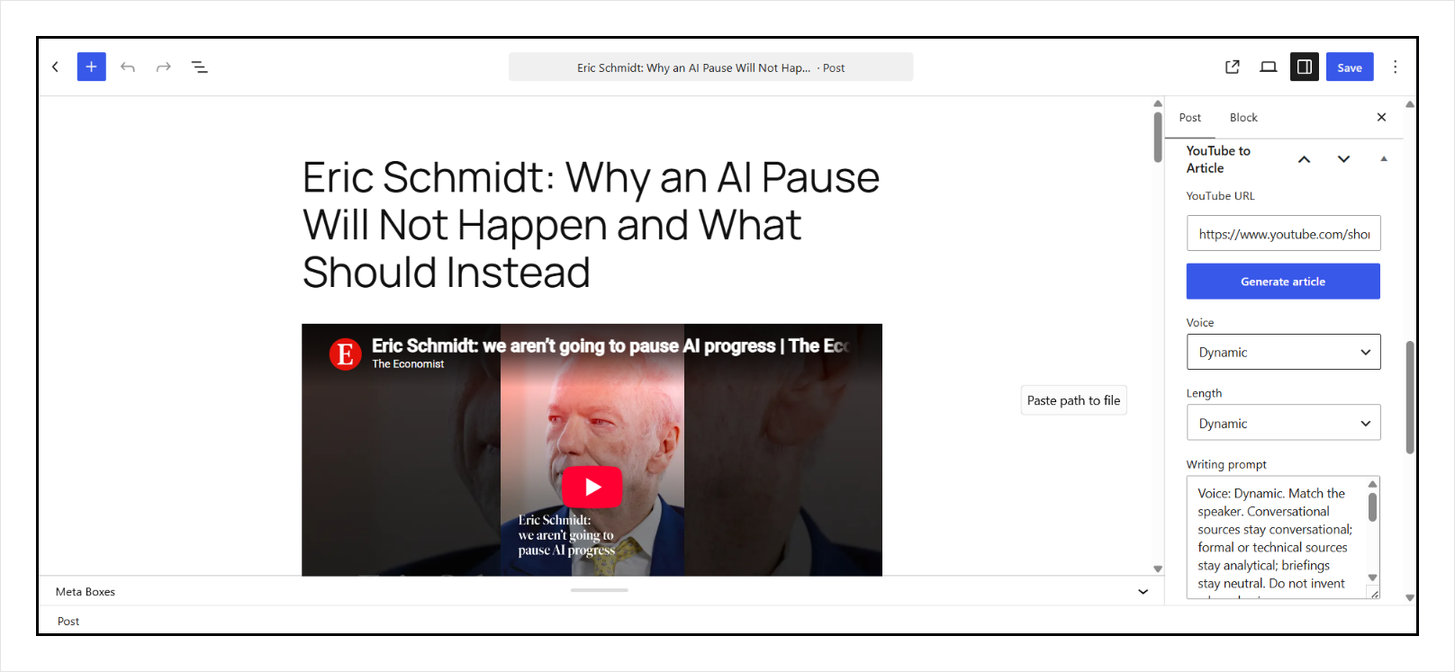 The same video as a WordPress draft. The generator sits in the sidebar.