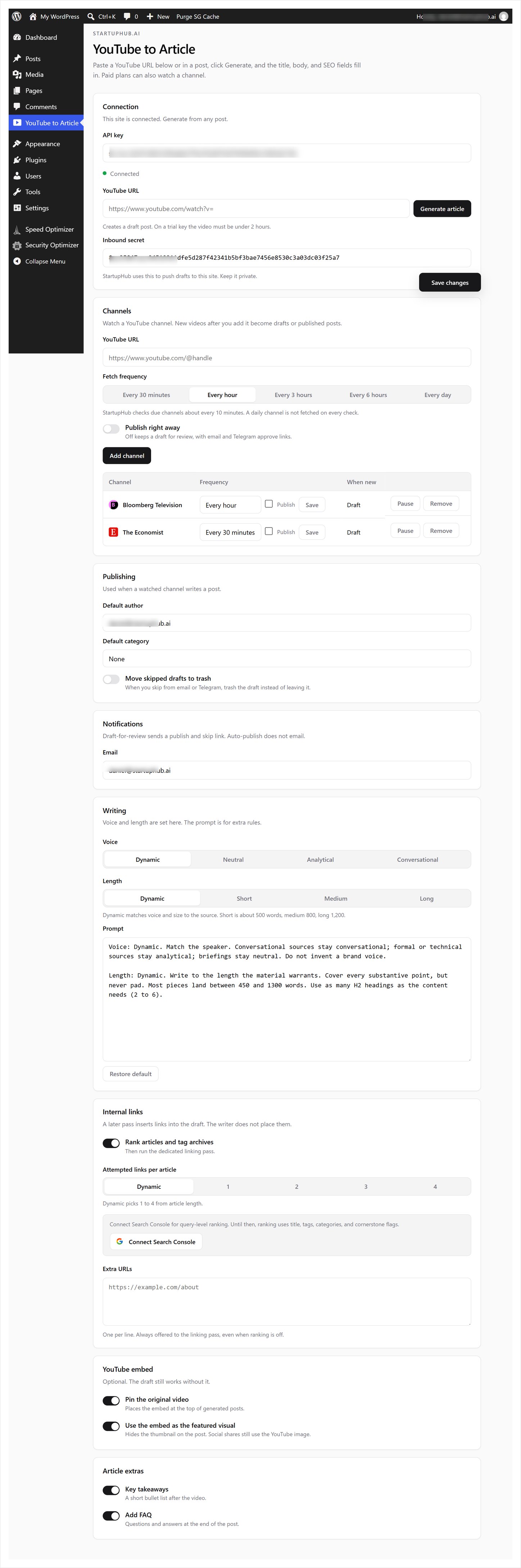 Settings: connect, watch channels, writing rules, and article extras.