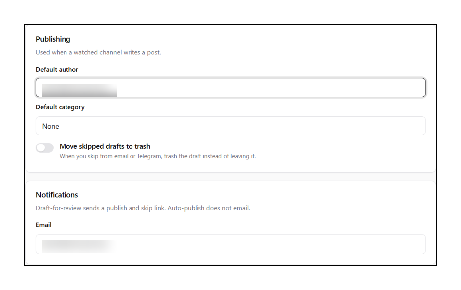 Default author, category, and email or Telegram review.
