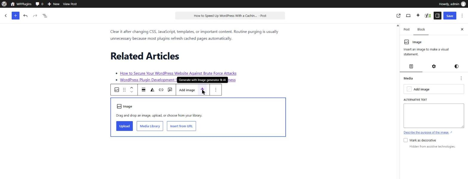 Block editor — the ✨ button on Image and Media & Text blocks opens the image generator.
