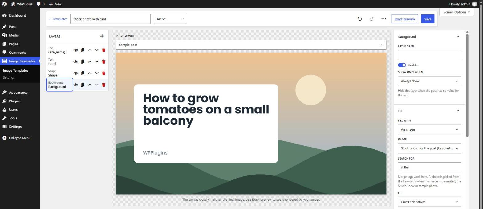 Template Studio — a background that shows a stock photo picked for each post, with your design on top.