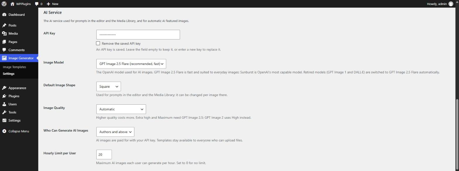 Settings — AI service: API key, model, image shape and quality, who can use AI and an hourly limit.