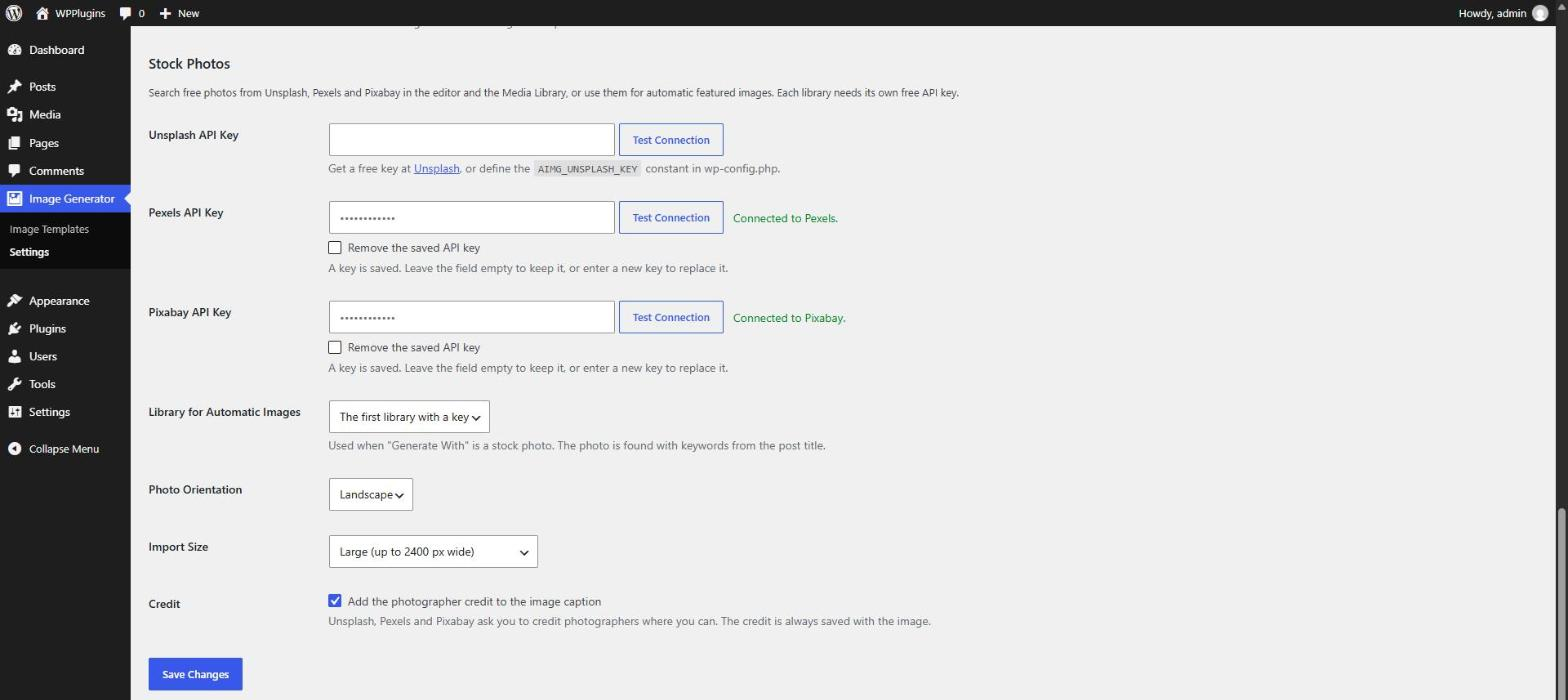 Settings — stock photo API keys with Test Connection, and the library, orientation, size and credit options.