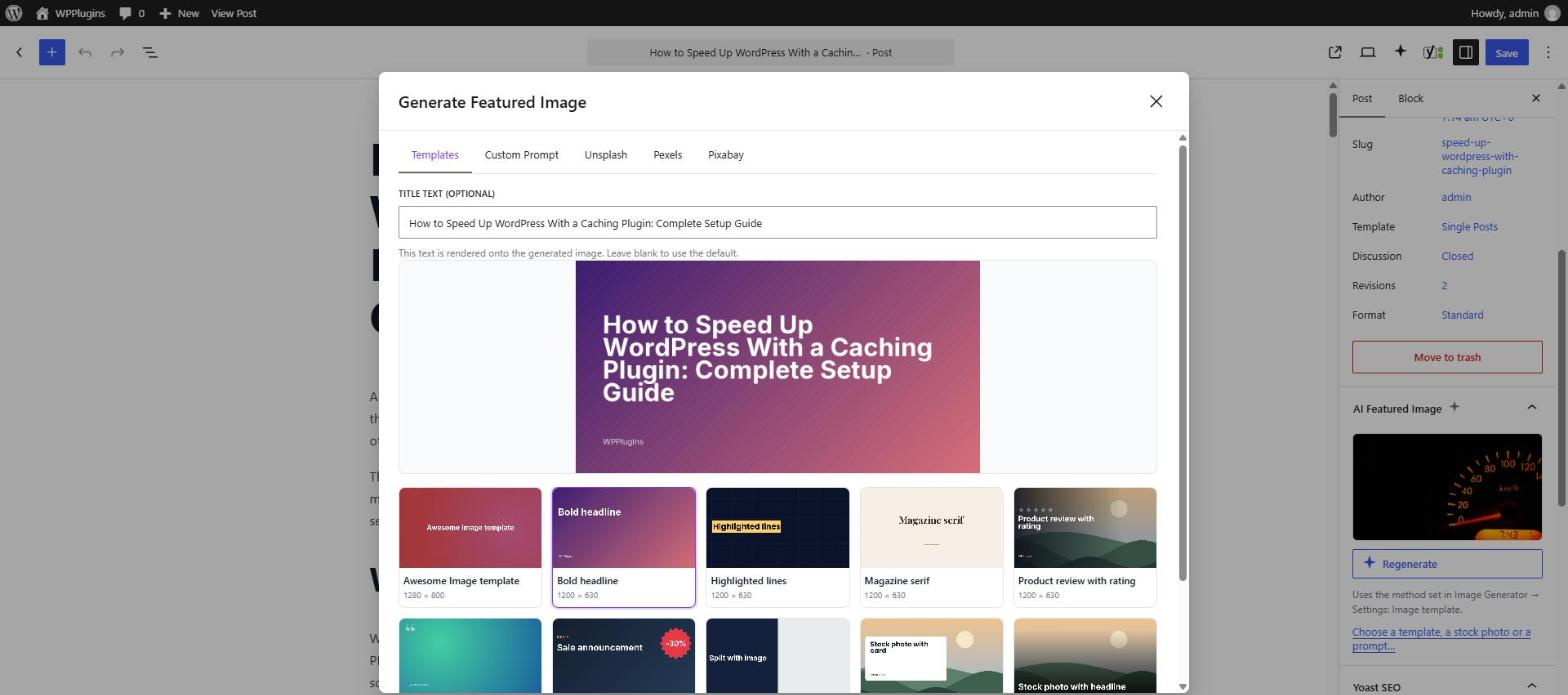 Templates tab — preview any of your templates with the post title before you add it.