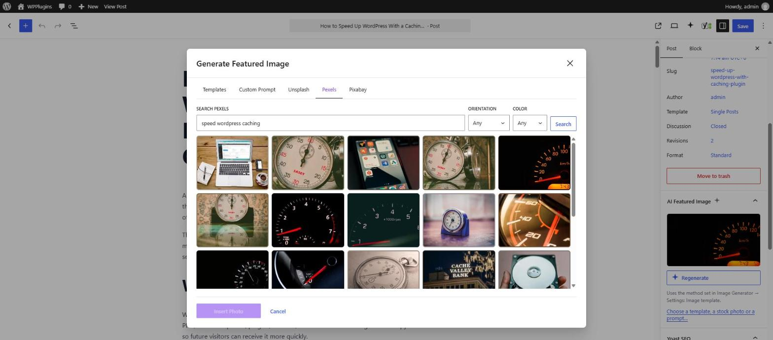 Pexels tab — filter stock photos by orientation and color and scroll for more.