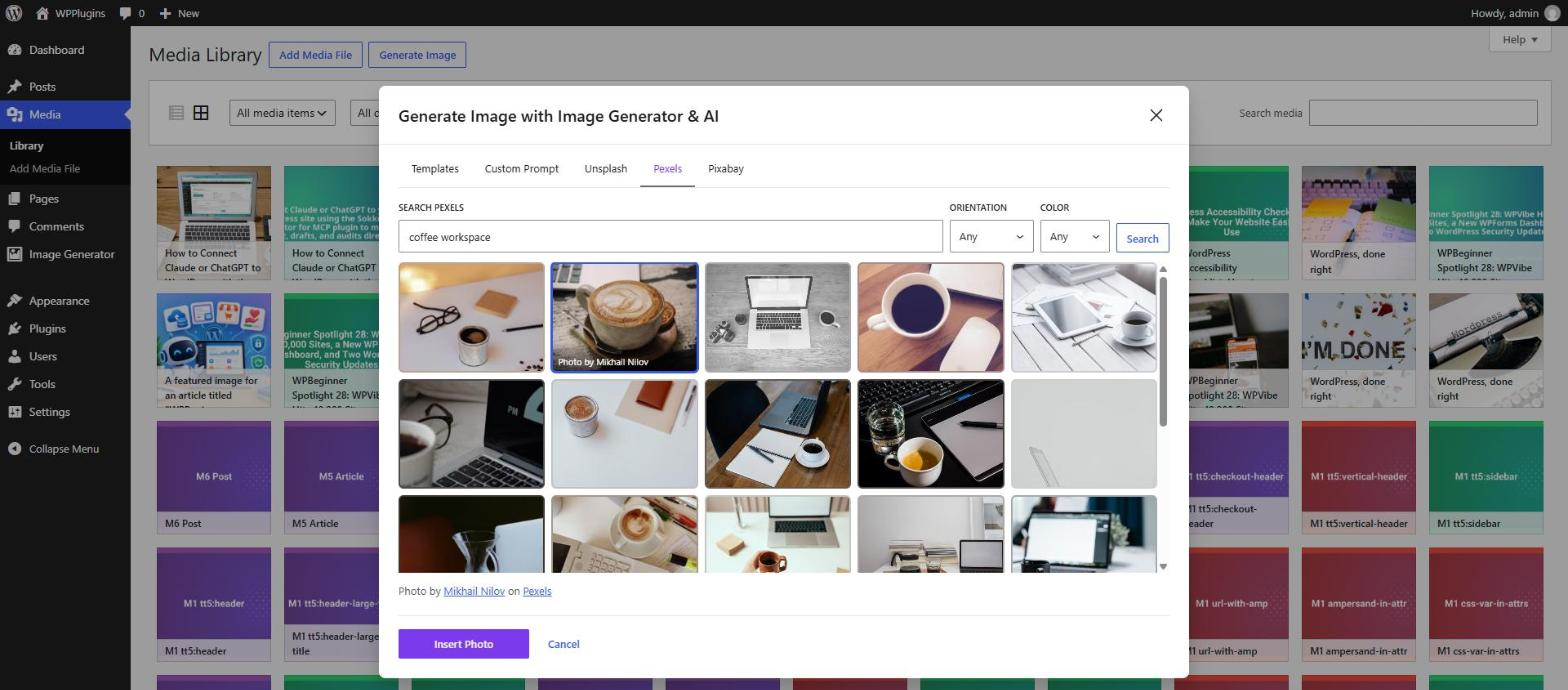 Media Library — Generate Image opens the same modal, so it works with any editor or page builder.