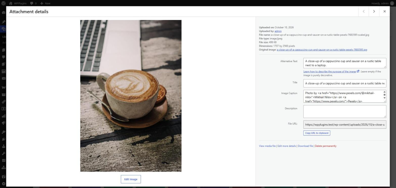 A stock photo imported into the Media Library with alt text, title and the photographer credit in the caption.