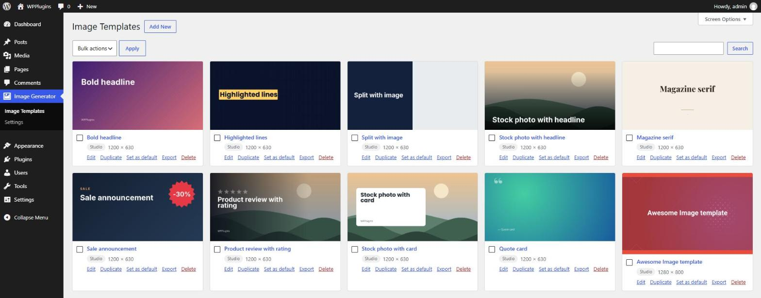 Image Templates — your templates as a grid with previews; duplicate, set as default, export or delete.