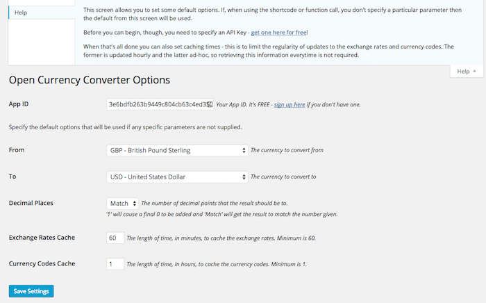 The options screen with help tab open
