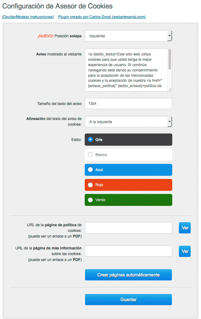 Panel de configuración que permite cambiar los colores, posición del aviso, etc.