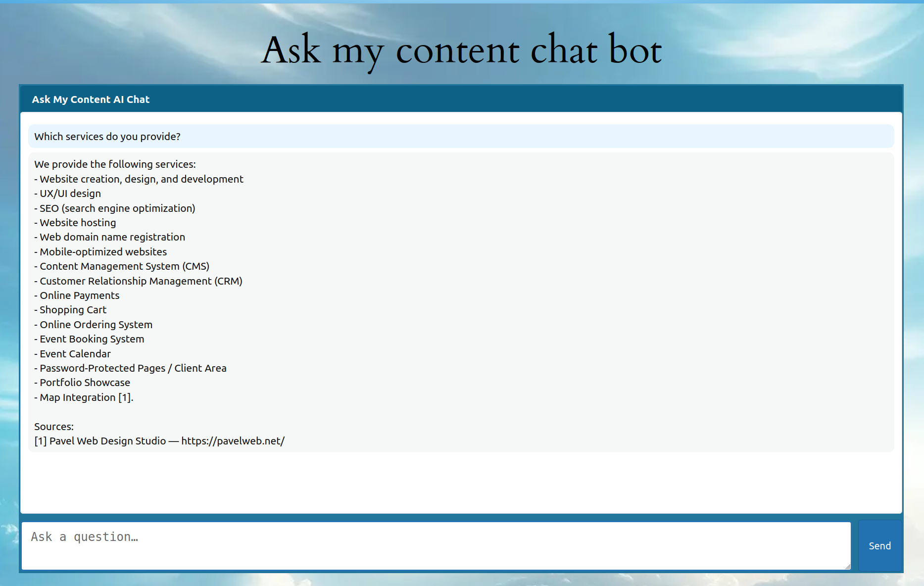 Chatbot on a page, answering a question using site content.