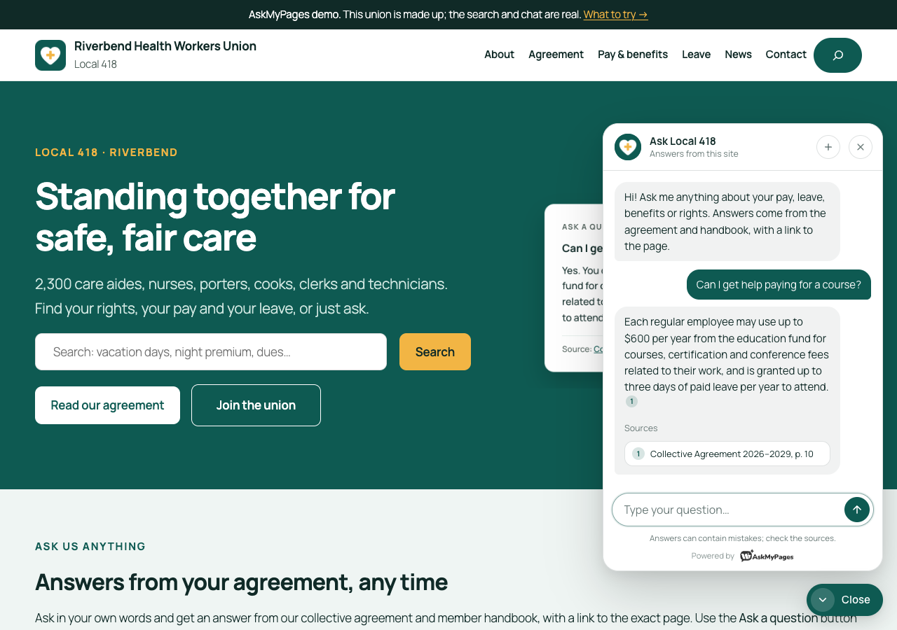 Visitors ask a question and get a short answer from your content, with links to the sources.