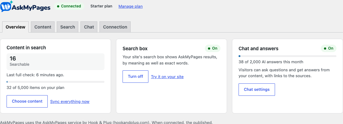 The Overview: content, search and chat at a glance (a Getting started checklist shows until setup is done).
