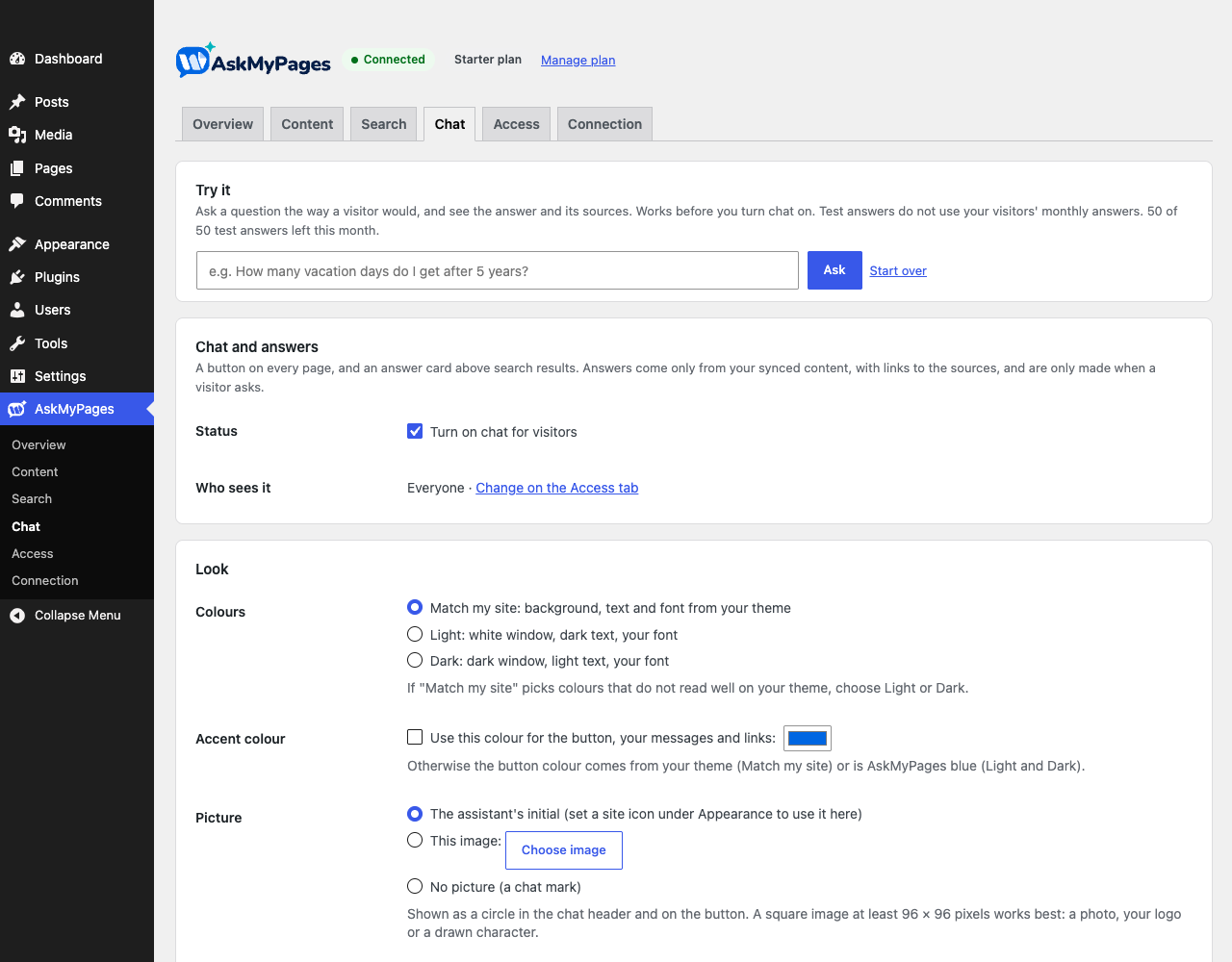 Chat settings: colours, picture, wording, and "Try it" for test questions.