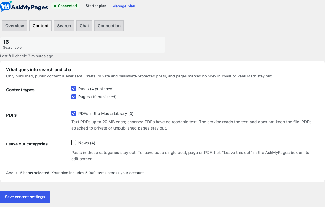 Choose what goes into search: content types, PDFs and categories.